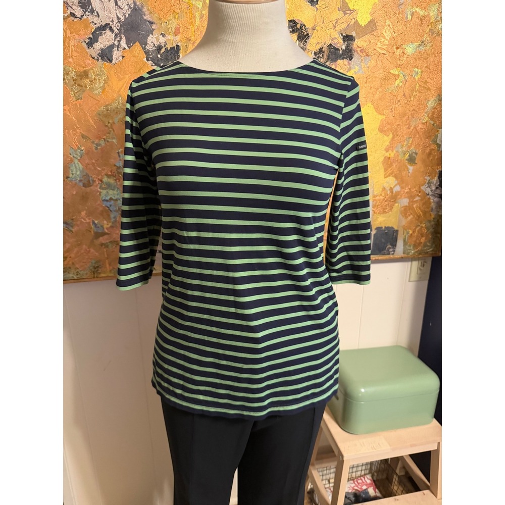 Saint James Breton Striped Top Navy Lime Green 3/4 Sleeve Boat Neck France Sz 8